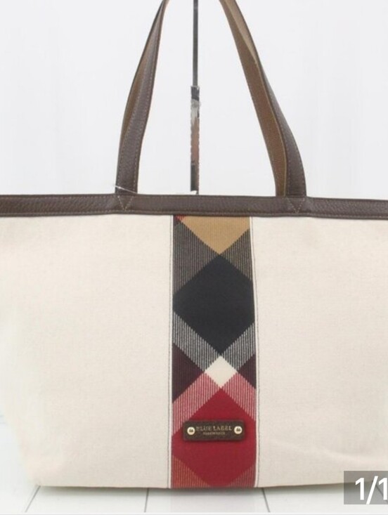 Burberry Handbags - BURBERRY Blue Label Cream Canvas Tote with Brown Leather Trim and Plaid Stripe